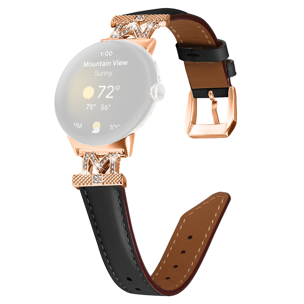 For Google Pixel Watch Pixel Watch 2 Rose Gold Buckle Genuine Cowhide Leather Adjustable Watch Strap with M Shape Rhinestone Decor For Google Pixel Watch Pixel Watch 2 Rose Gold Buckle Genuine Cowhide Leather Adjustable Watch Strap with M Shape Rhinestone Decor